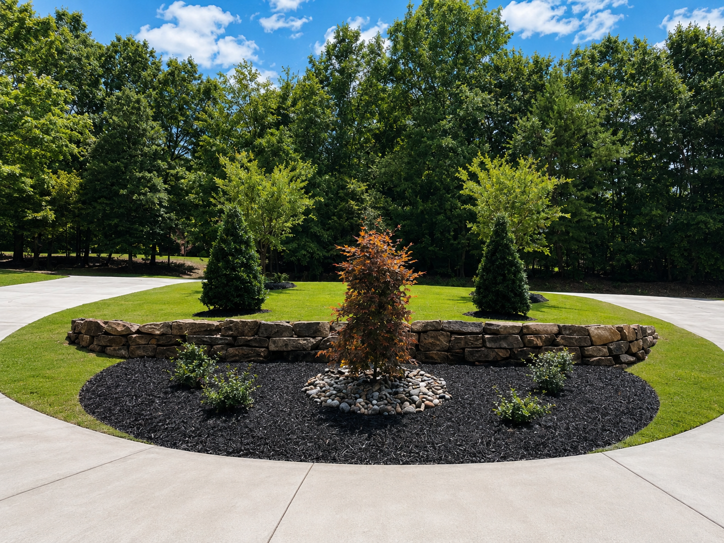 Finished landscape with a natural stone wall, curved black mulch bed, ornamental trees, and river rock accents