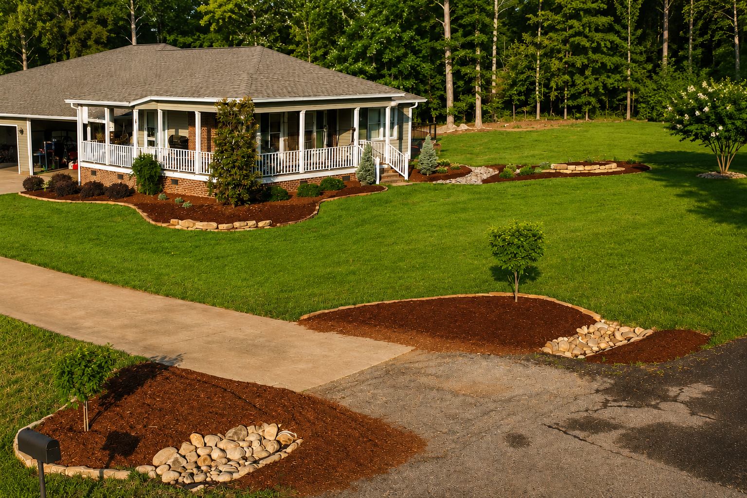 Wide view of a landscaped home with curved mulch beds, stone borders, drainage rock, and a green lawn