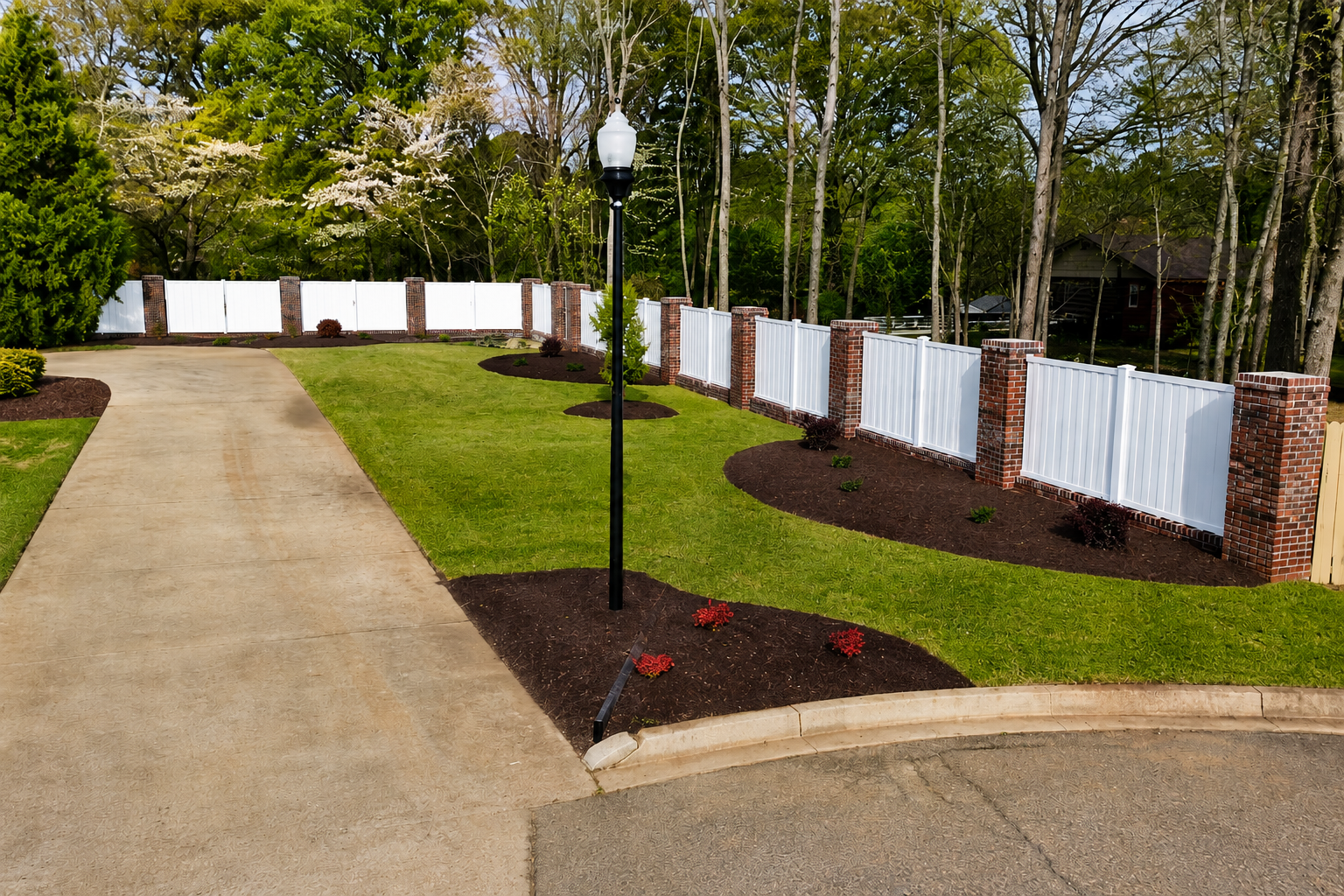 Aerial view of fresh sod and shaped mulch beds with a river-rock accent area