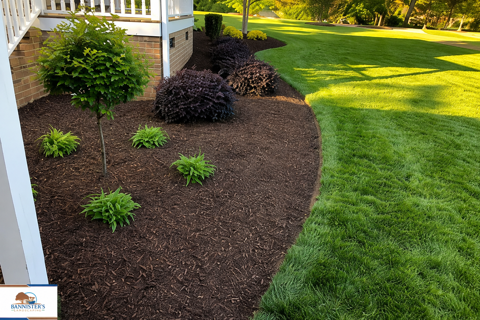 Aerial view of a curved brick walkway, green lawn, and surrounding dark mulch beds