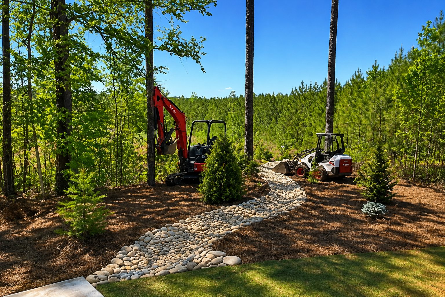 Pool surrounded by turf, red mulch beds, stone edging, and colorful plantings