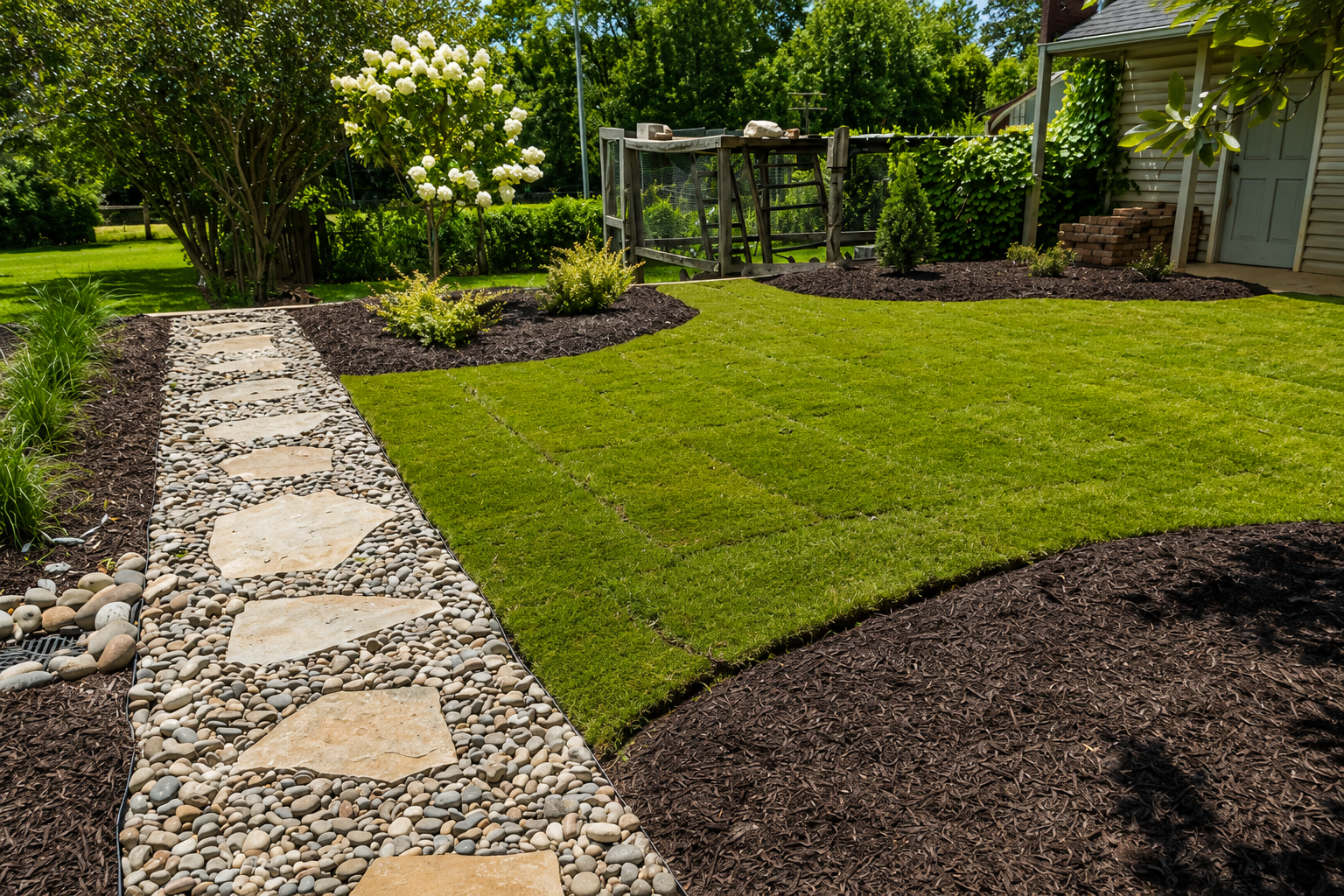 Brick home entrance with refreshed dark mulch beds and sculpted evergreen shrubs