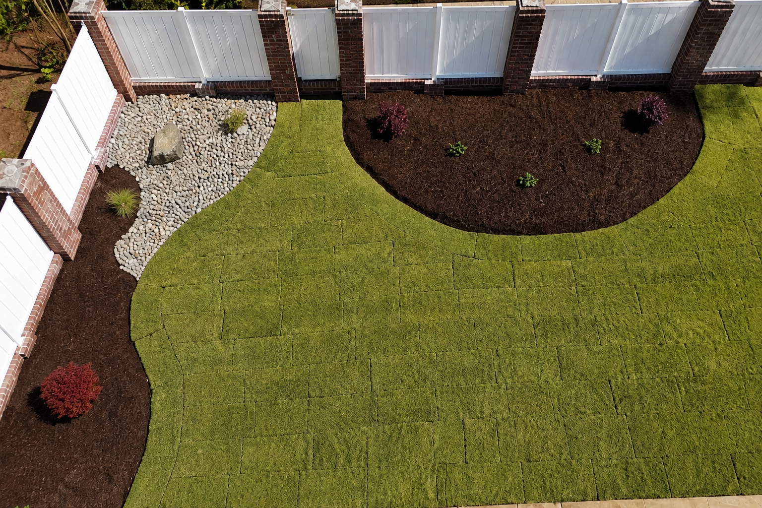 Curved landscape beds and fresh green lawn along a white brick-column fence